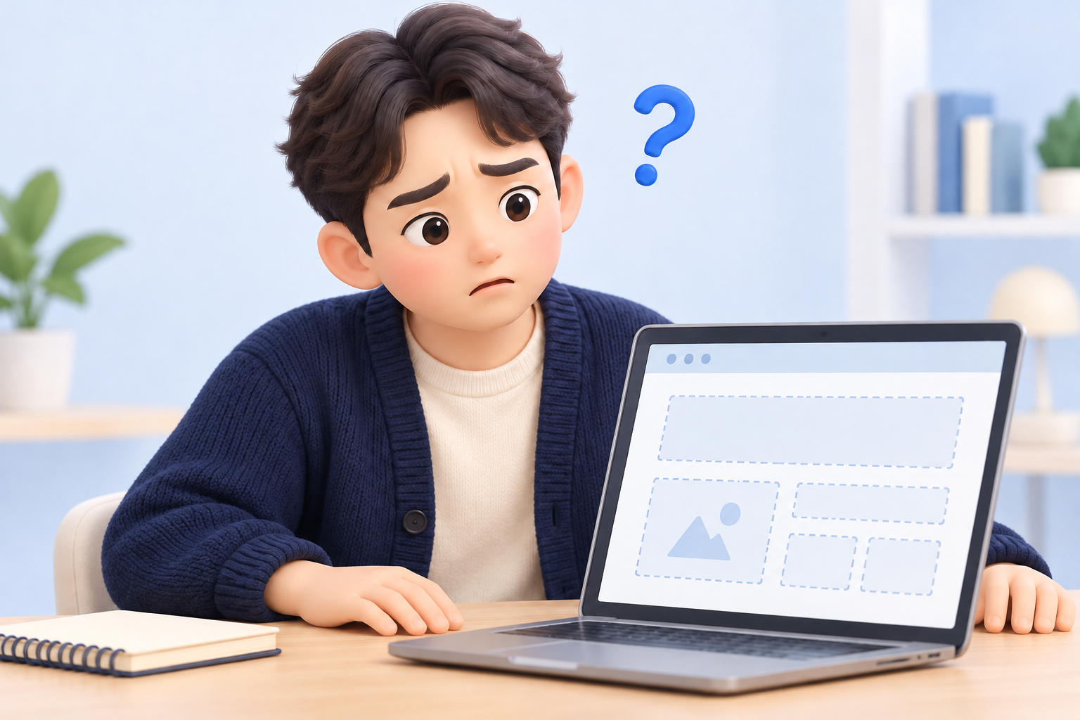 미완성 홈페이지 앞에서 두 손을 책상에 두고 난감한 표정으로 고민하는 귀여운 인물